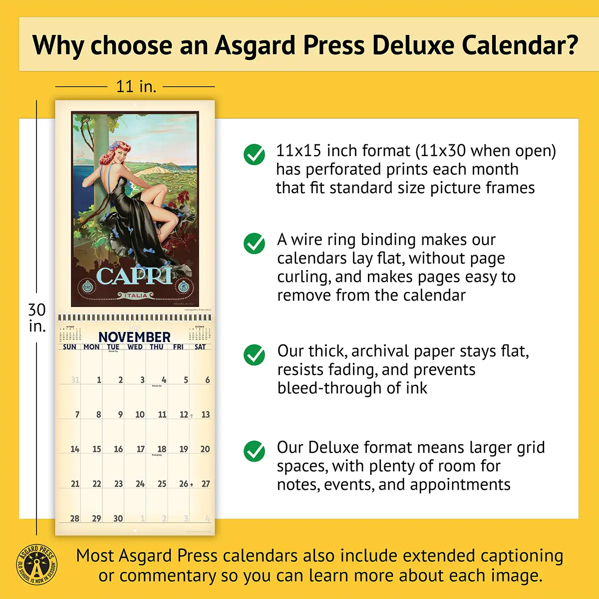 Features of the 2027 Retro Pinups in Paradise Deluxe Calendar, including removable prints, wire binding, and premium paper