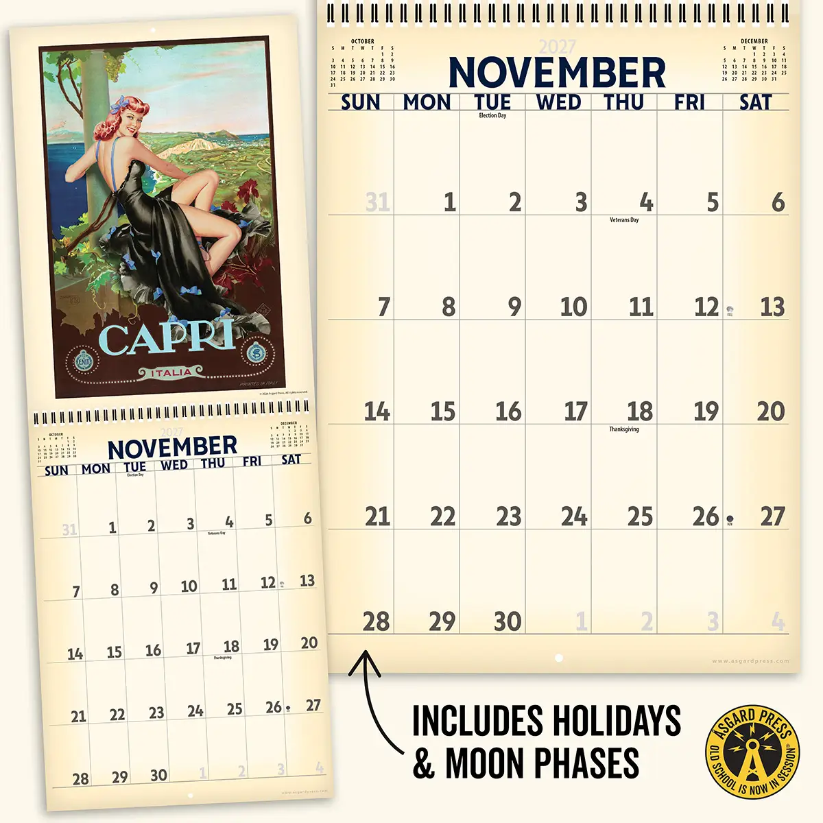 Open spread from the 2027 Retro Pinups in Paradise Deluxe Wall Calendar