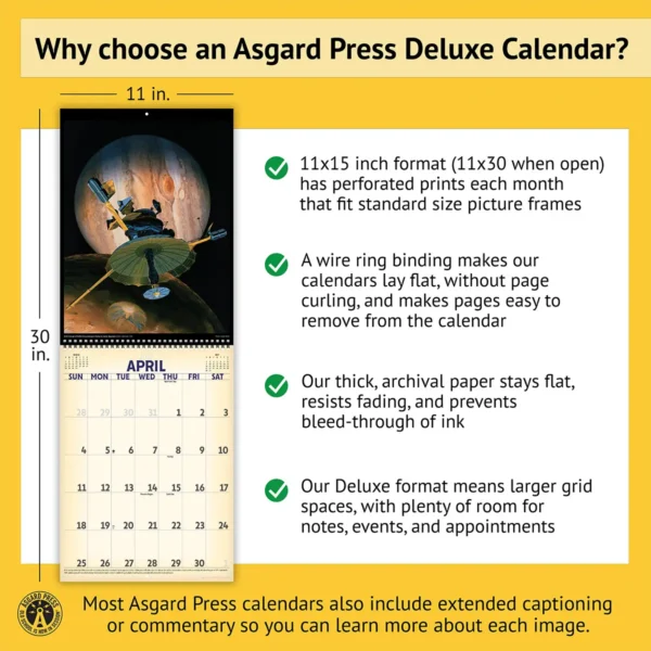 Features of the 2027 Vintage Art of Space Deluxe Calendar, including removable prints, historical commentary, wire binding, and premium paper