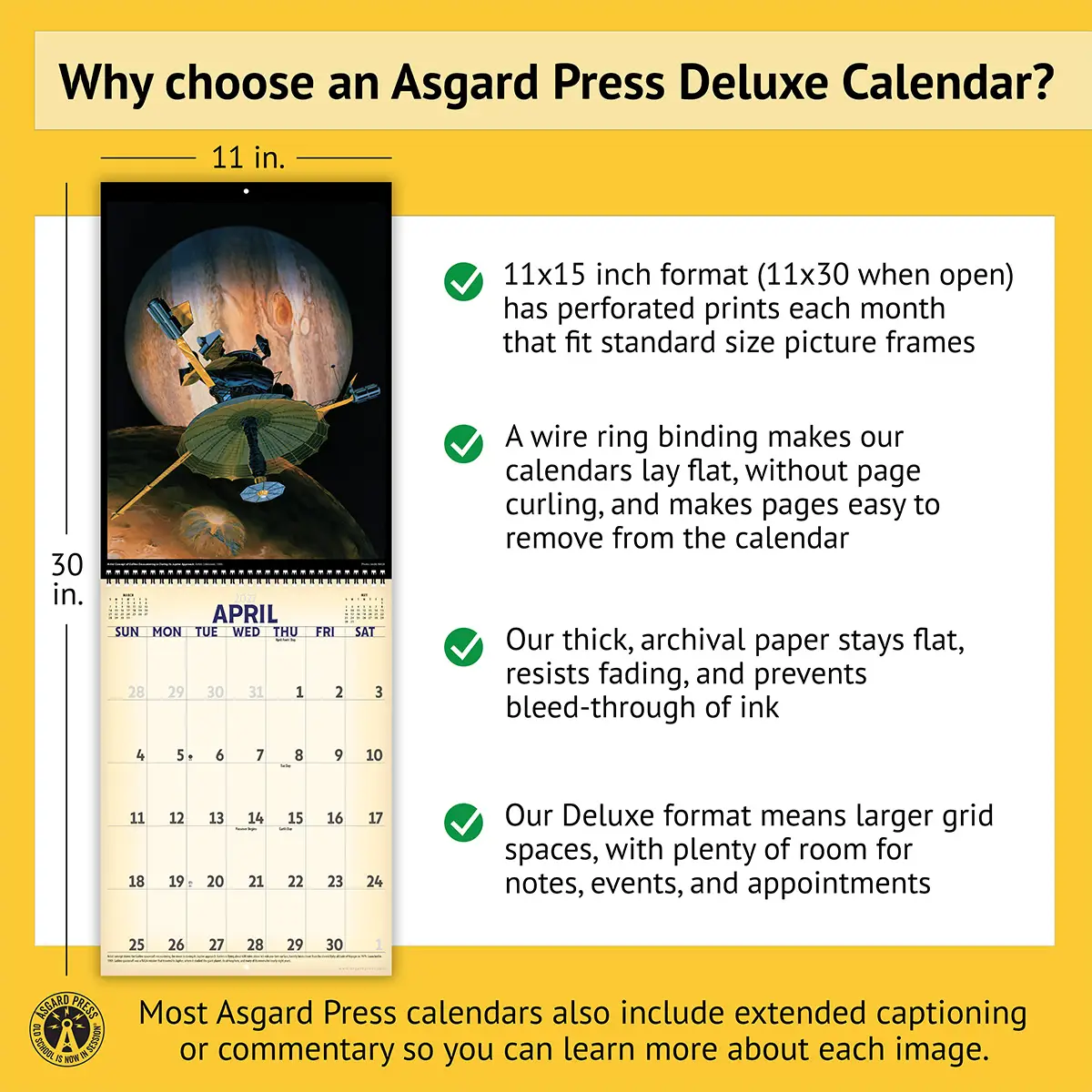 Features of the 2027 Vintage Art of Space Deluxe Calendar, including removable prints, historical commentary, wire binding, and premium paper