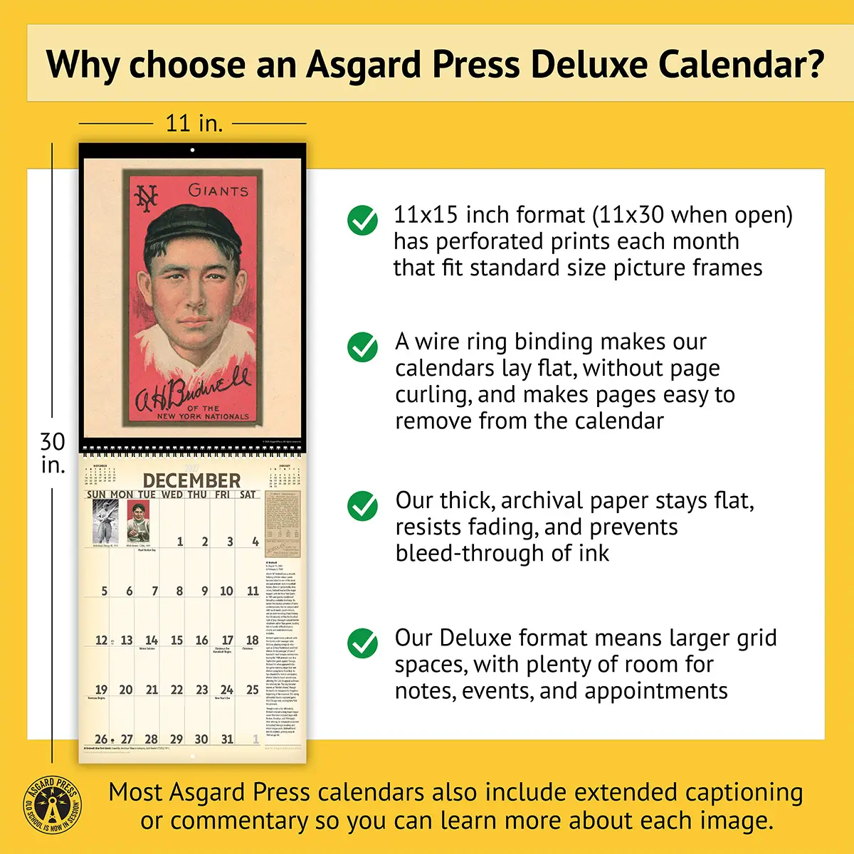 Features of the 2027 Vintage Baseball Cards Deluxe Calendar, including removable prints, historical commentary, wire binding, and premium paper