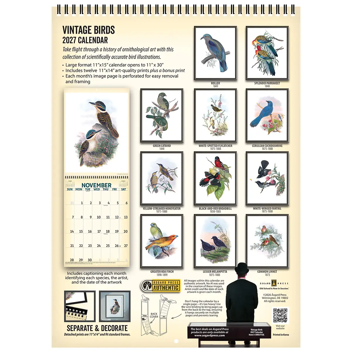 Back cover of the 2027 Vintage Birds Deluxe Wall Calendar