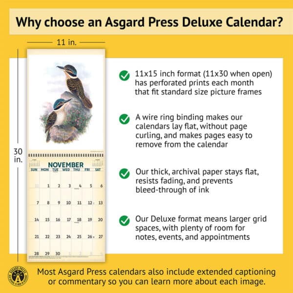 Features of the 2027 Vintage Birds Deluxe Calendar, including removable prints, historical commentary, wire binding, and premium paper
