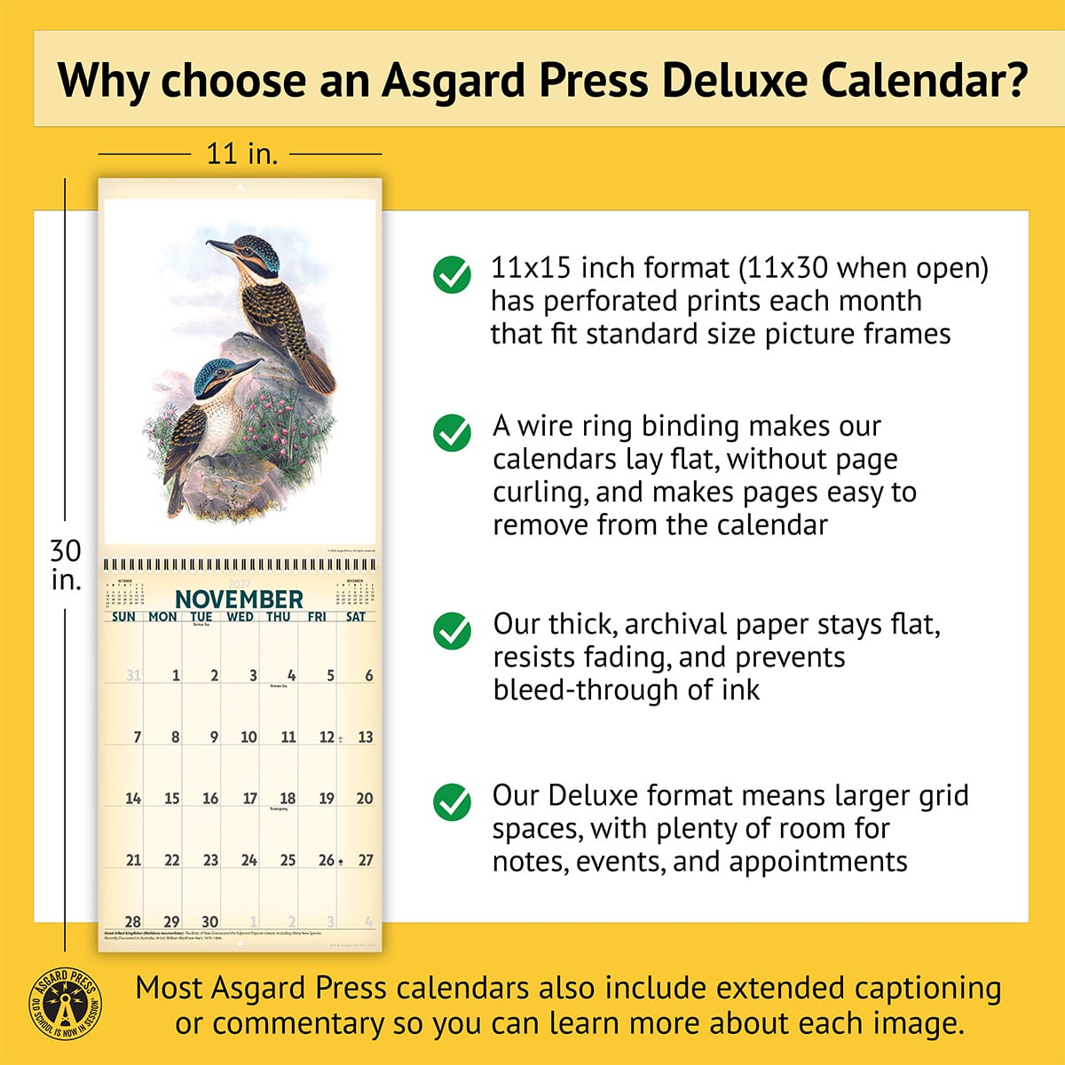 Features of the 2027 Vintage Birds Deluxe Calendar, including removable prints, historical commentary, wire binding, and premium paper