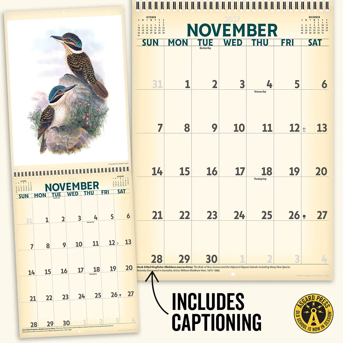 Open spread and caption from the 2027 Vintage Birds Deluxe Wall Calendar