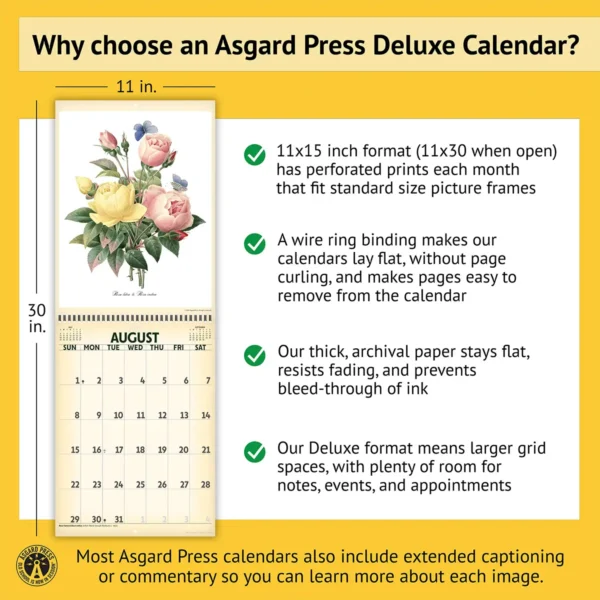 Features of the 2027 Vintage Botanicals Deluxe Calendar, including removable prints, historical captions, wire binding, and premium paper