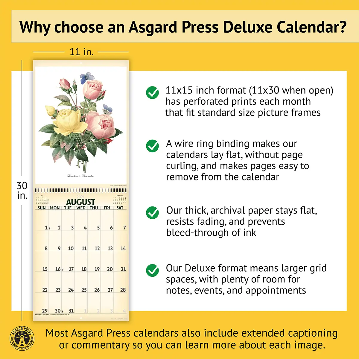 Features of the 2027 Vintage Botanicals Deluxe Calendar, including removable prints, historical captions, wire binding, and premium paper