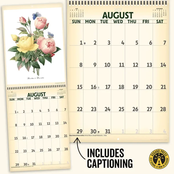 Open spread and caption from the 2027 Vintage Botanicals Deluxe Wall Calendar