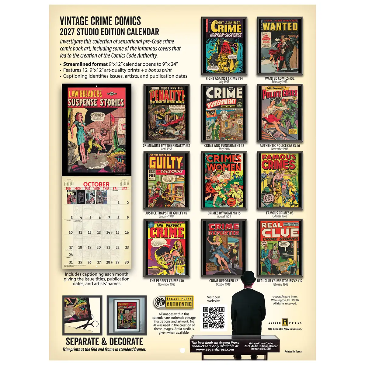 Back cover of the 2027 Vintage Crime Comics Studio Wall Calendar