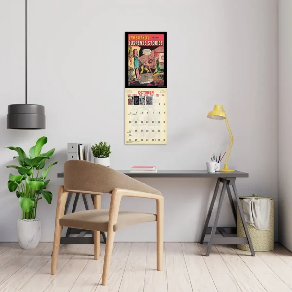 2027 Vintage Crime Comics Studio Calendar hanging above a desk