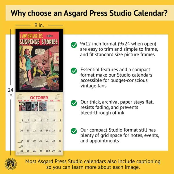 Features of the 2027 Vintage Crime Comics Studio Calendar, including removable prints, historical captions, wire binding, and premium paper