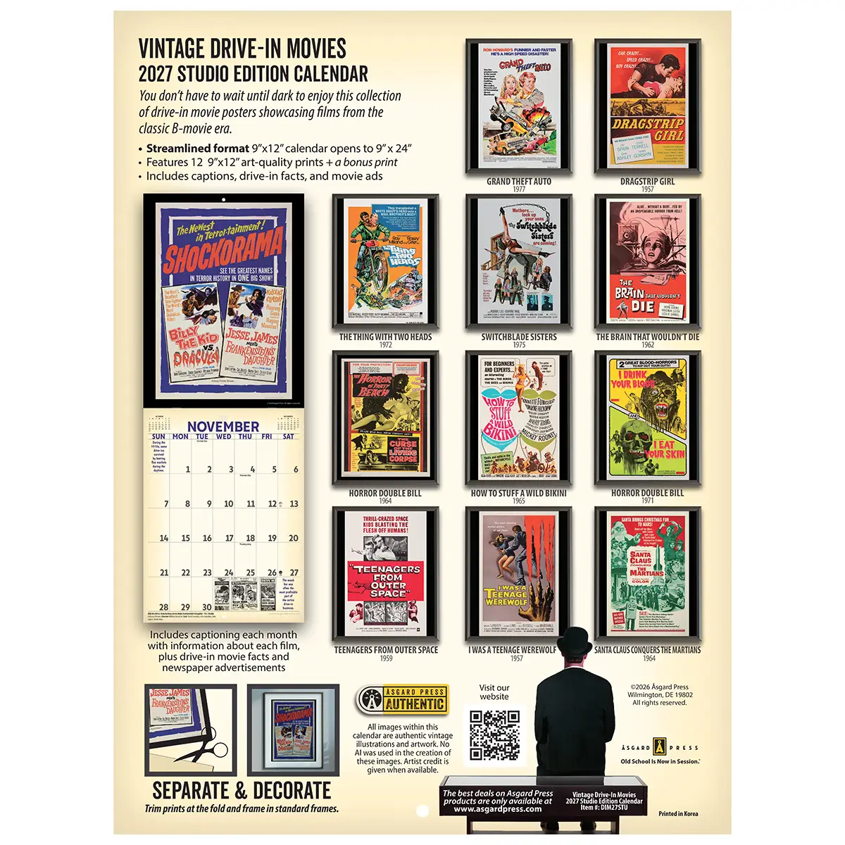 Back cover of the 2027 Vintage Drive-In Movies Studio Wall Calendar
