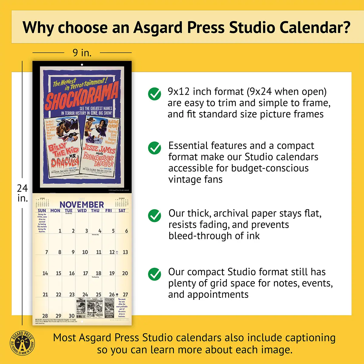 Features of the 2027 Vintage Drive-In Movies Studio Calendar, including removable prints, historical captions, wire binding, and premium paper