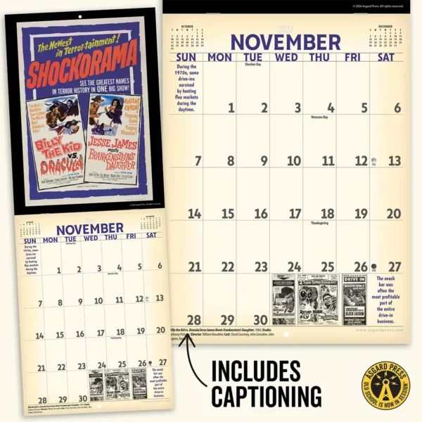 Open spread and captioning from the 2027 Vintage Drive-In Movies Studio Wall Calendar