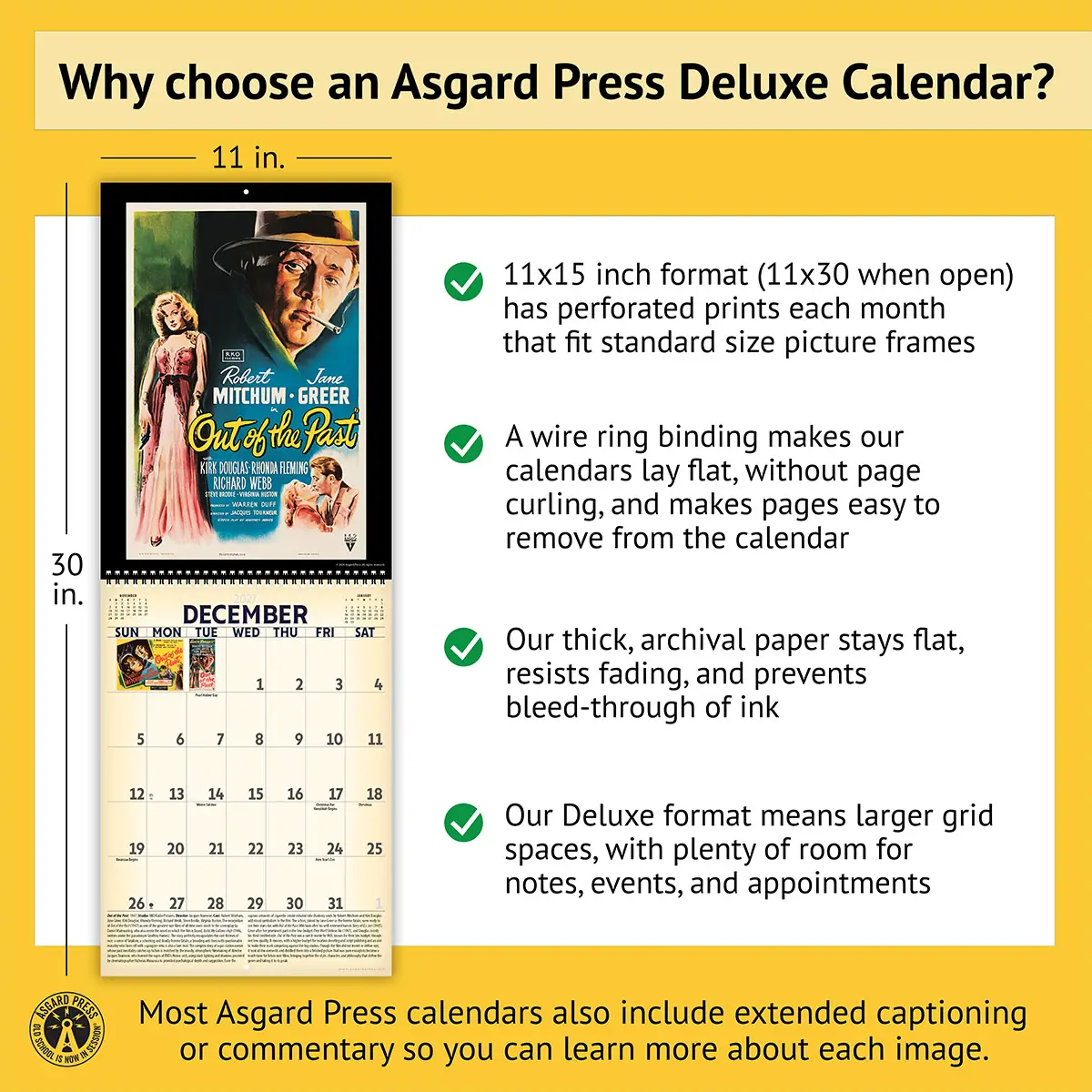 Features of the 2027 Vintage Film Noir Deluxe Calendar, including removable prints, historical commentary, wire binding, and premium paper
