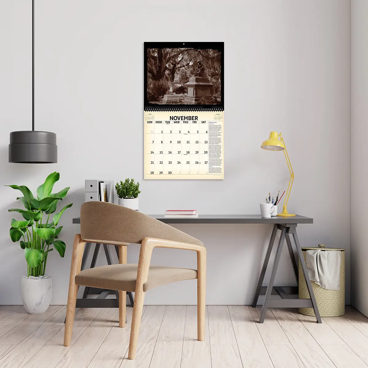 2027 Vintage Haunted Places Deluxe Calendar hanging above a desk
