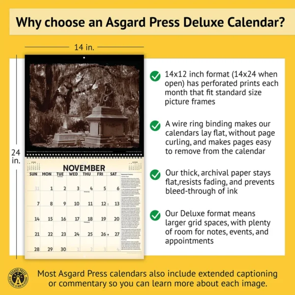Features of the 2027 Vintage Haunted Places Deluxe Calendar, including removable prints, historical commentary, wire binding, and premium paper