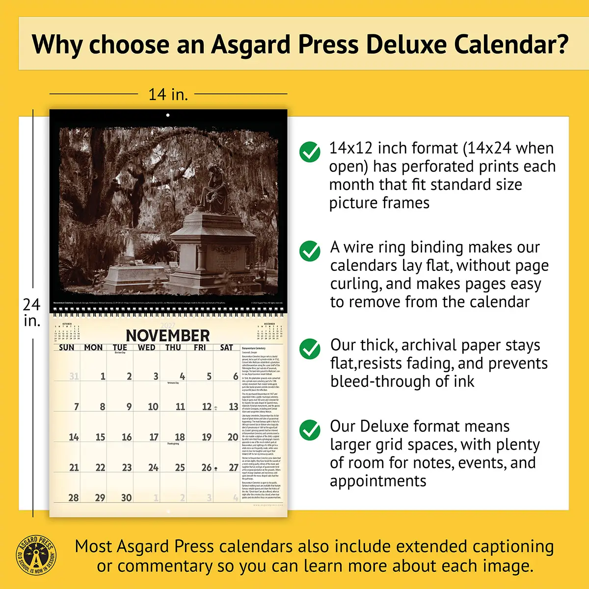 Features of the 2027 Vintage Haunted Places Deluxe Calendar, including removable prints, historical commentary, wire binding, and premium paper