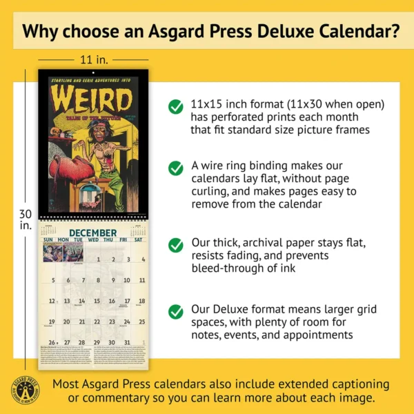 Features of the 2027 Vintage Horror Comics Deluxe Calendar, including removable prints, historical commentary, wire binding, and premium paper