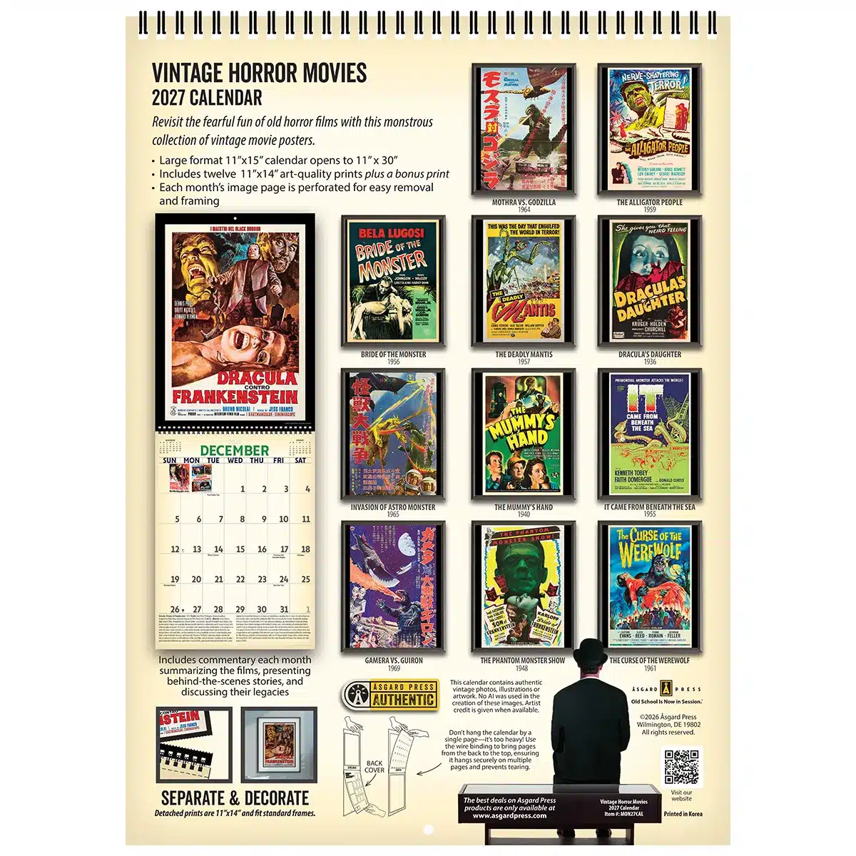 Back cover of the 2027 Vintage Horror Movies Deluxe Wall Calendar