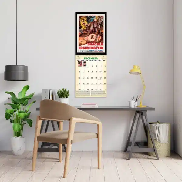 2027 Vintage Horror Movies Deluxe Calendar hanging above a desk