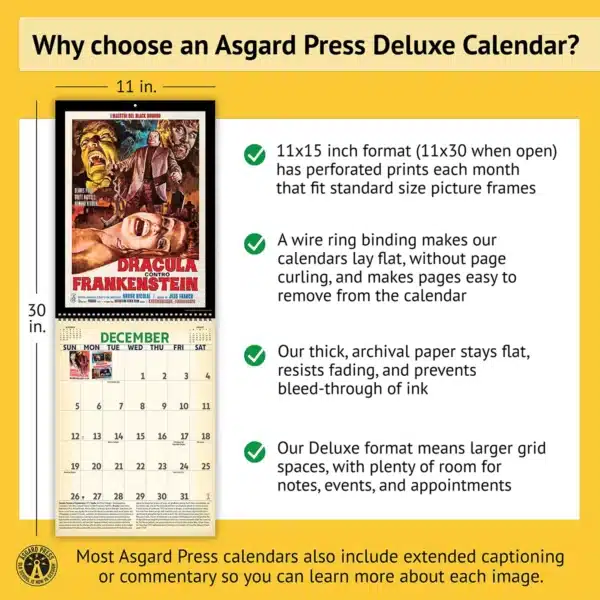 Features of the 2027 Vintage Horror Movies Deluxe Calendar, including removable prints, historical commentary, wire binding, and premium paper