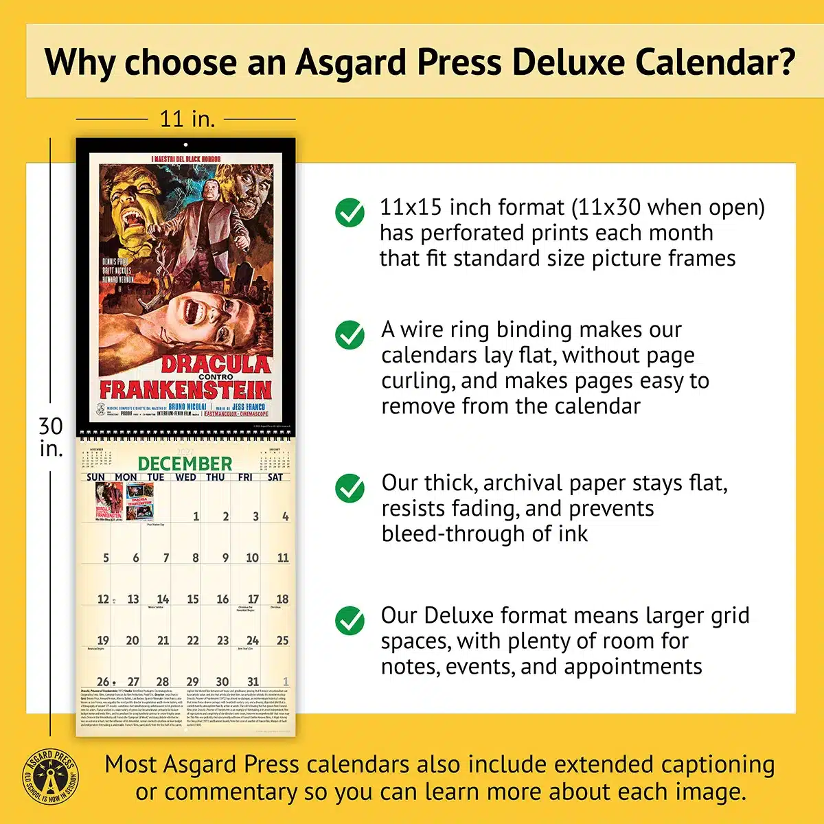 Features of the 2027 Vintage Horror Movies Deluxe Calendar, including removable prints, historical commentary, wire binding, and premium paper