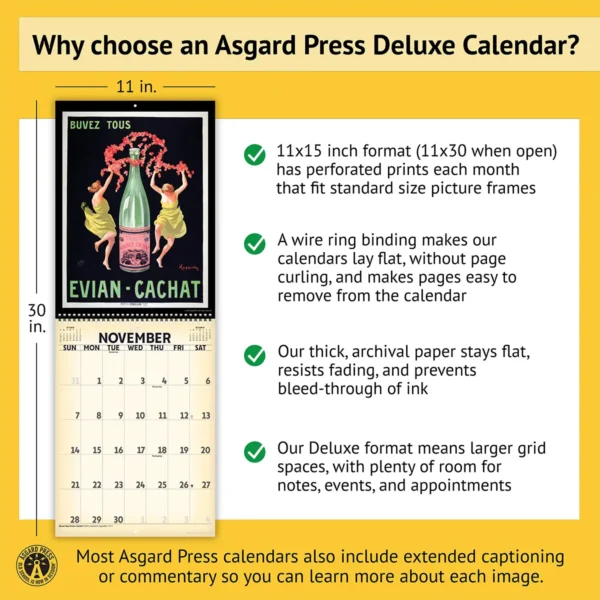 Features of the 2027 Vintage Leonetto Cappiello Deluxe Calendar, including removable prints, historical commentary, wire binding, and premium paper