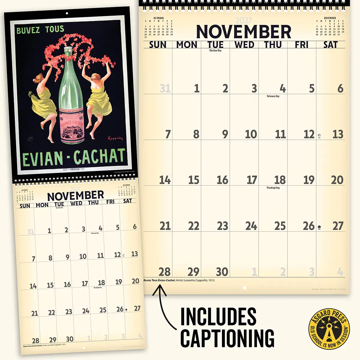 Open spread and caption from the 2027 Vintage Leonetto Cappiello Deluxe Wall Calendar