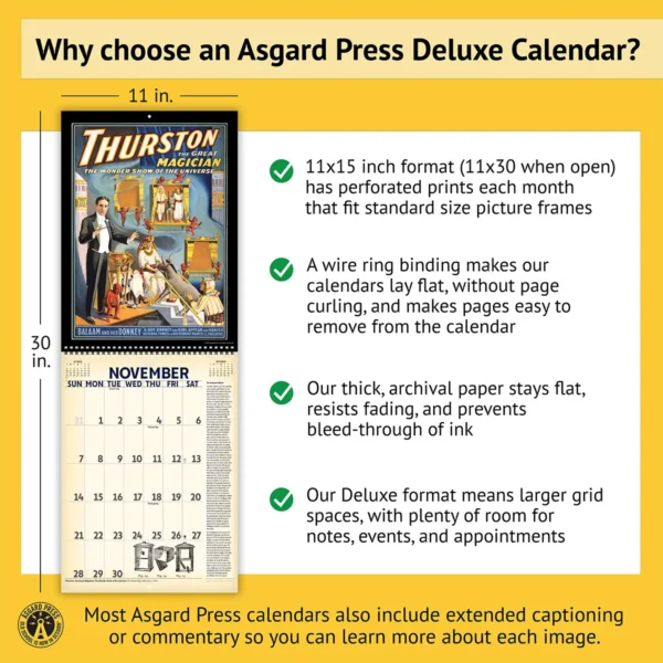 Features of the 2027 Vintage Magic Deluxe Calendar, including removable prints, historical commentary, wire binding, and premium paper