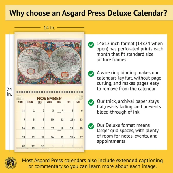 Features of the 2027 Vintage Maps Deluxe Calendar, including removable prints, historical captions, wire binding, and premium paper