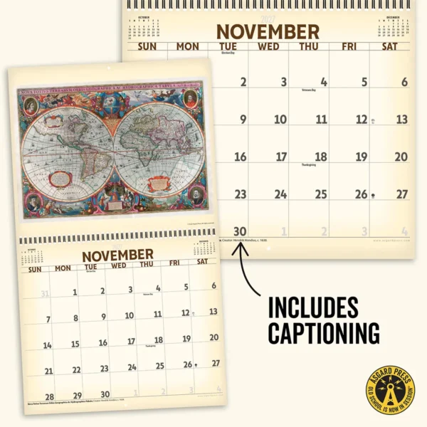 Open spread and caption from the 2027 Vintage Maps Deluxe Wall Calendar