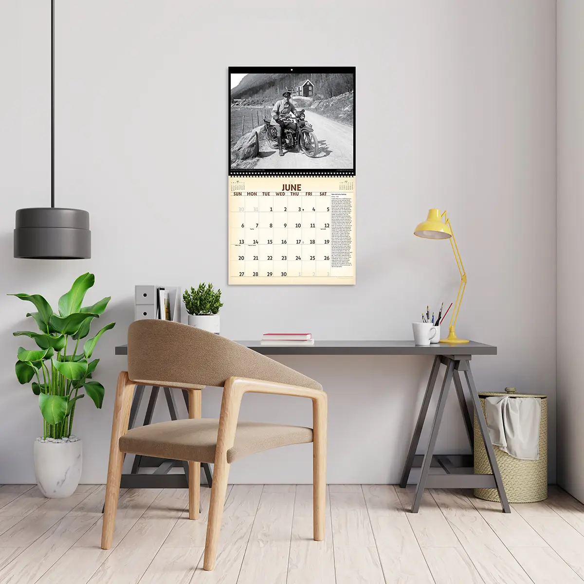 2027 Vintage Motorcycles Deluxe Calendar hanging above a desk