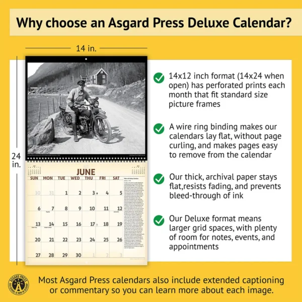 Features of the 2027 Vintage Motorcycles Deluxe Calendar, including removable prints, historical commentary, wire binding, and premium paper