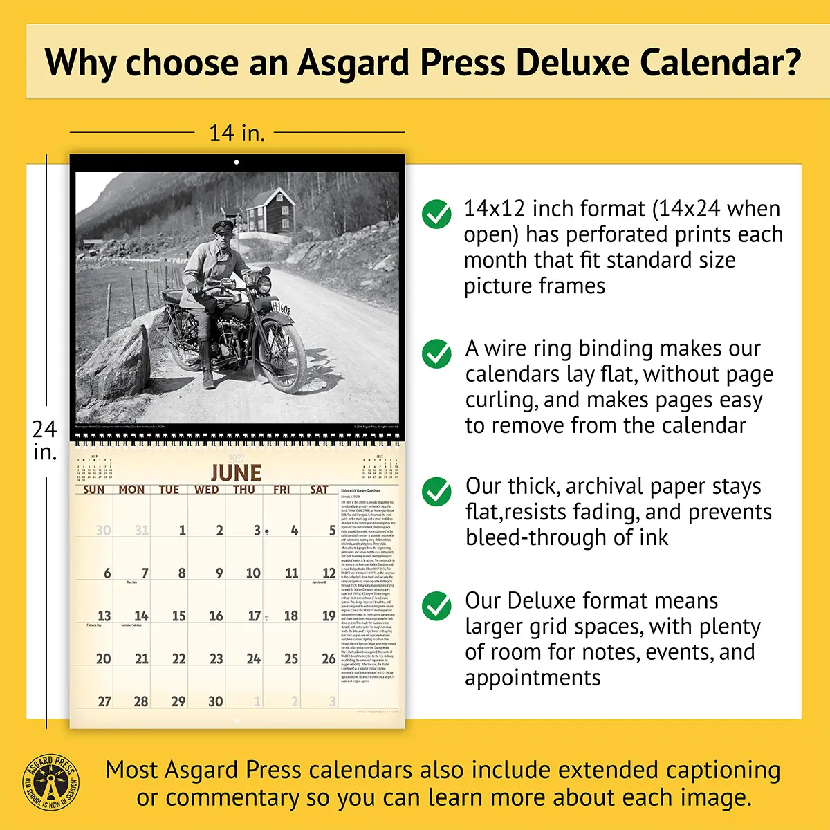 Features of the 2027 Vintage Motorcycles Deluxe Calendar, including removable prints, historical commentary, wire binding, and premium paper
