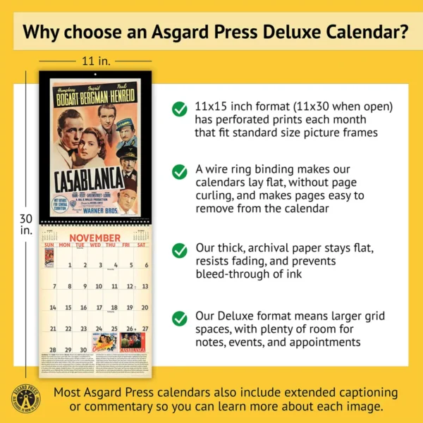 Features of the 2027 Vintage Movie Posters Deluxe Calendar, including removable prints, historical commentary, wire binding, and premium paper