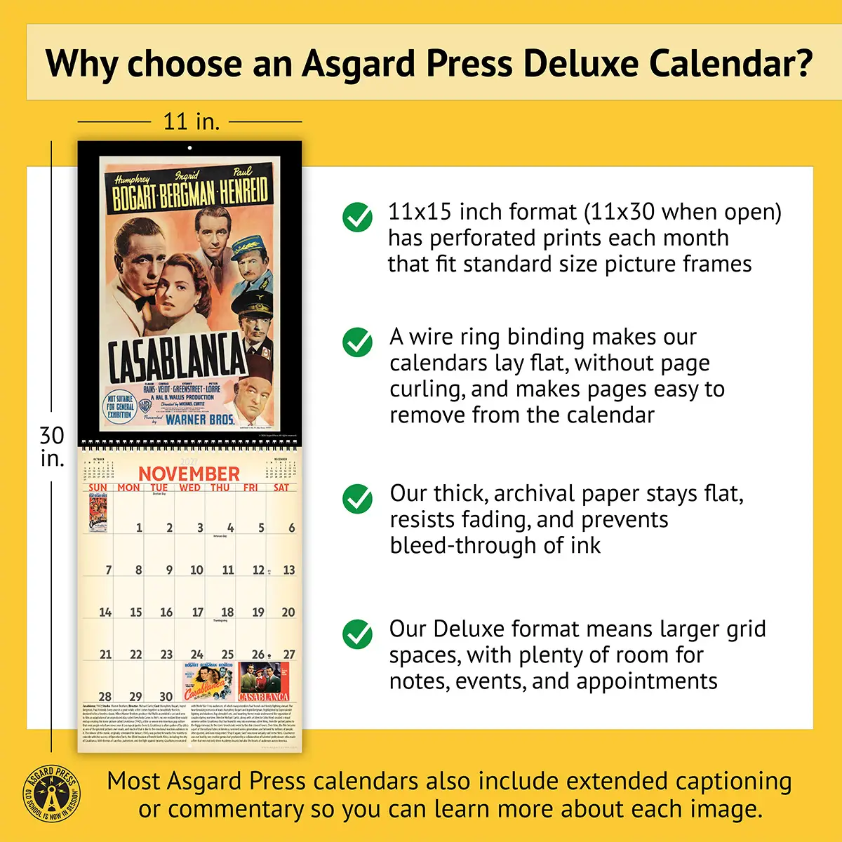 Features of the 2027 Vintage Movie Posters Deluxe Calendar, including removable prints, historical commentary, wire binding, and premium paper