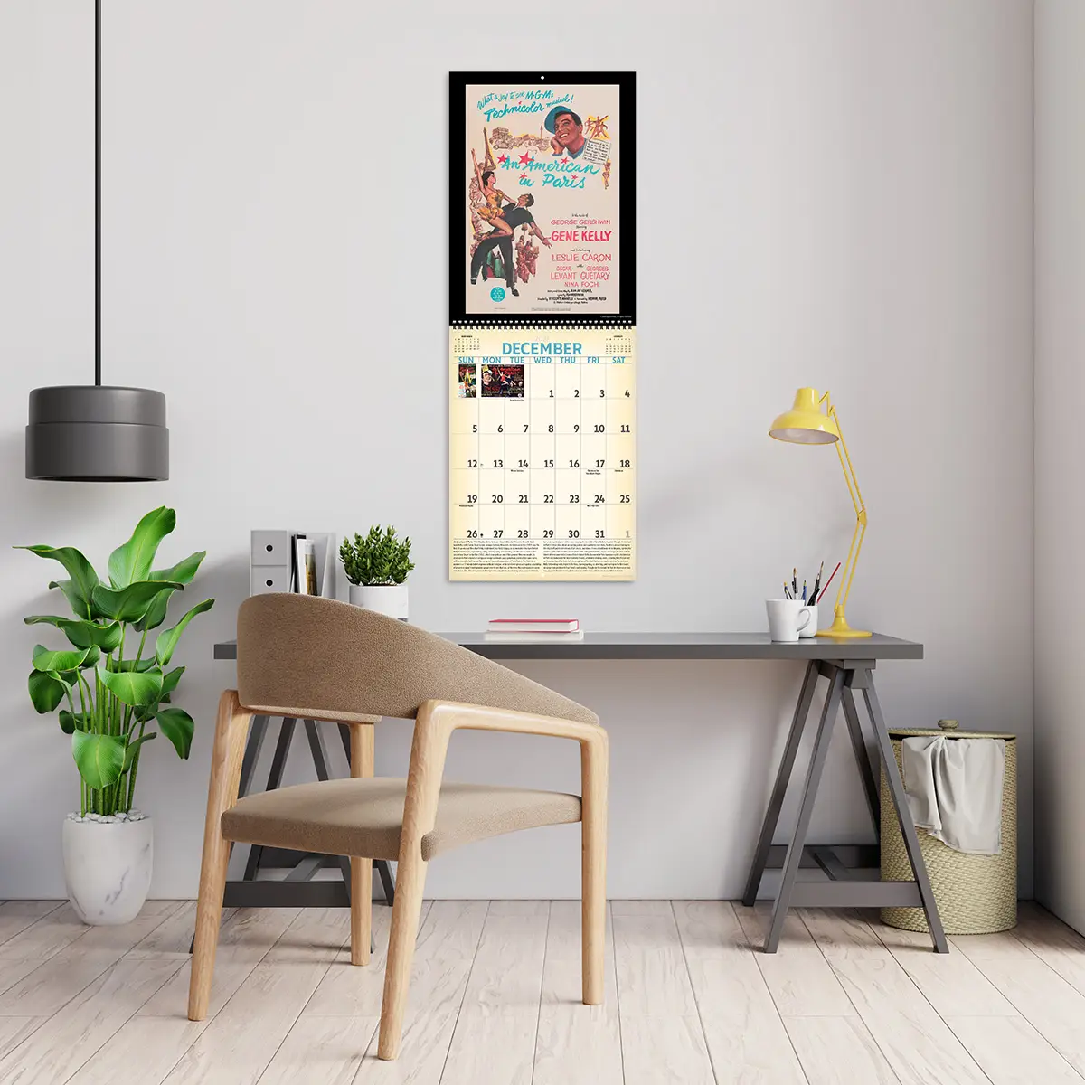2027 Vintage Musicals Deluxe Calendar hanging above a desk