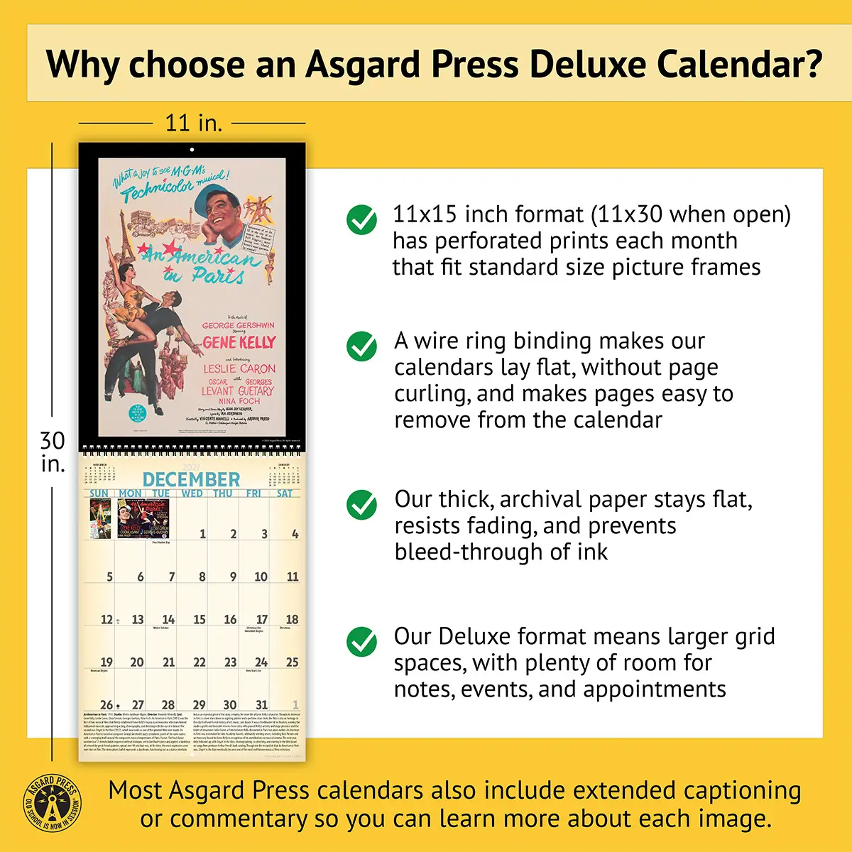 Features of the 2027 Vintage Musicals Deluxe Calendar, including removable prints, historical commentary, wire binding, and premium paper