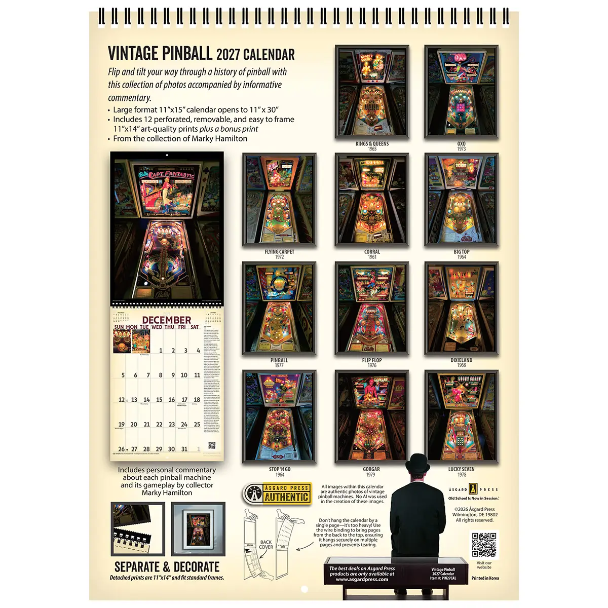 Back cover of the 2027 Vintage Pinball Deluxe Wall Calendar