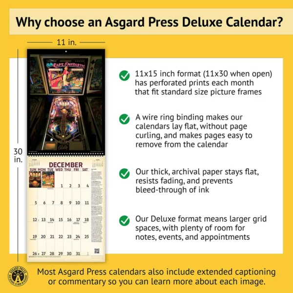 Features of the 2027 Vintage Pinball Deluxe Calendar, including removable prints, historical commentary, wire binding, and premium paper