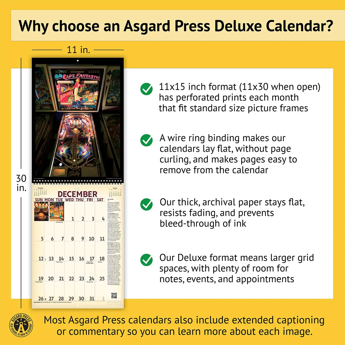 Features of the 2027 Vintage Pinball Deluxe Calendar, including removable prints, historical commentary, wire binding, and premium paper