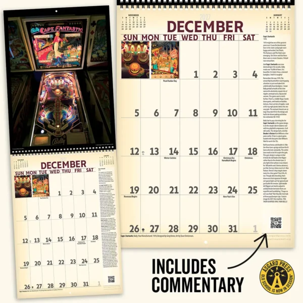 Open spread and commentary from the 2027 Vintage Pinball Deluxe Wall Calendar
