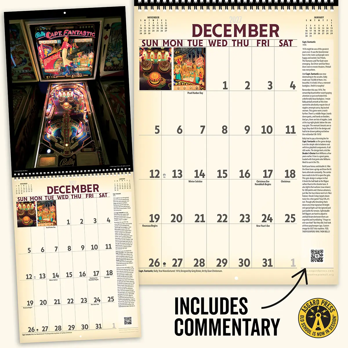 Open spread and commentary from the 2027 Vintage Pinball Deluxe Wall Calendar