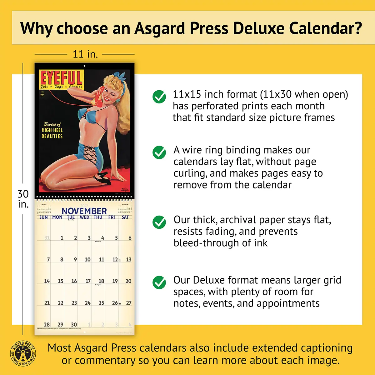 Features of the 2027 Vintage Pinups Deluxe Calendar, including removable prints, historical captions, wire binding, and premium paper