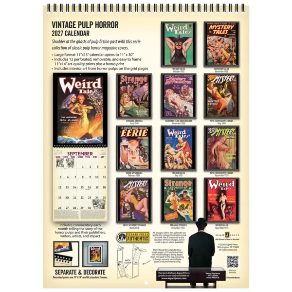 Back cover of the 2027 Vintage Pulp Horror Deluxe Wall Calendar