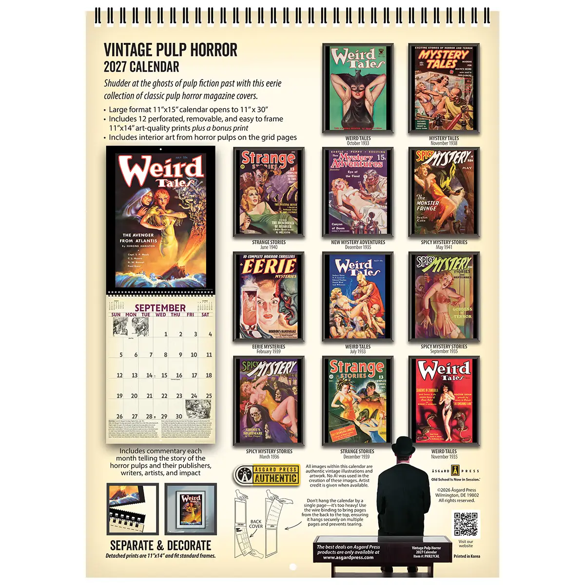 Back cover of the 2027 Vintage Pulp Horror Deluxe Wall Calendar