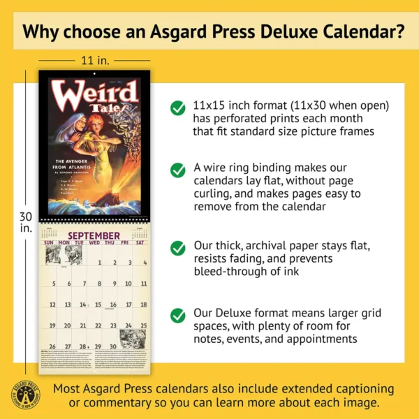 Features of the 2027 Vintage Pulp Horror Deluxe Calendar, including removable prints, historical commentary, wire binding, and premium paper