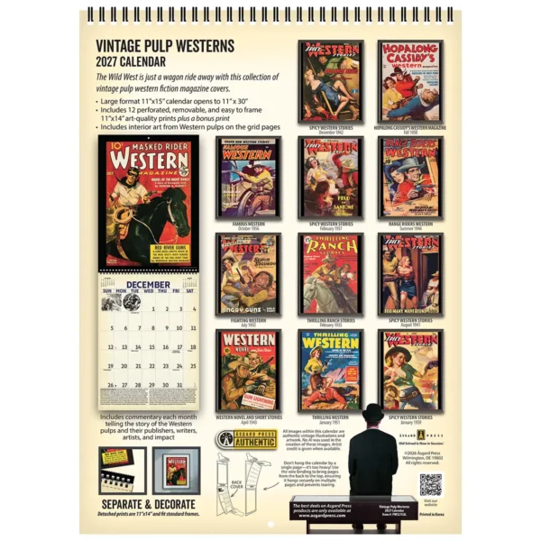 Back cover of the 2027 Vintage Pulp Westerns Deluxe Wall Calendar