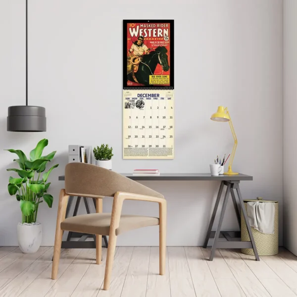 2027 Vintage Pulp Westerns Deluxe Calendar hanging above a desk
